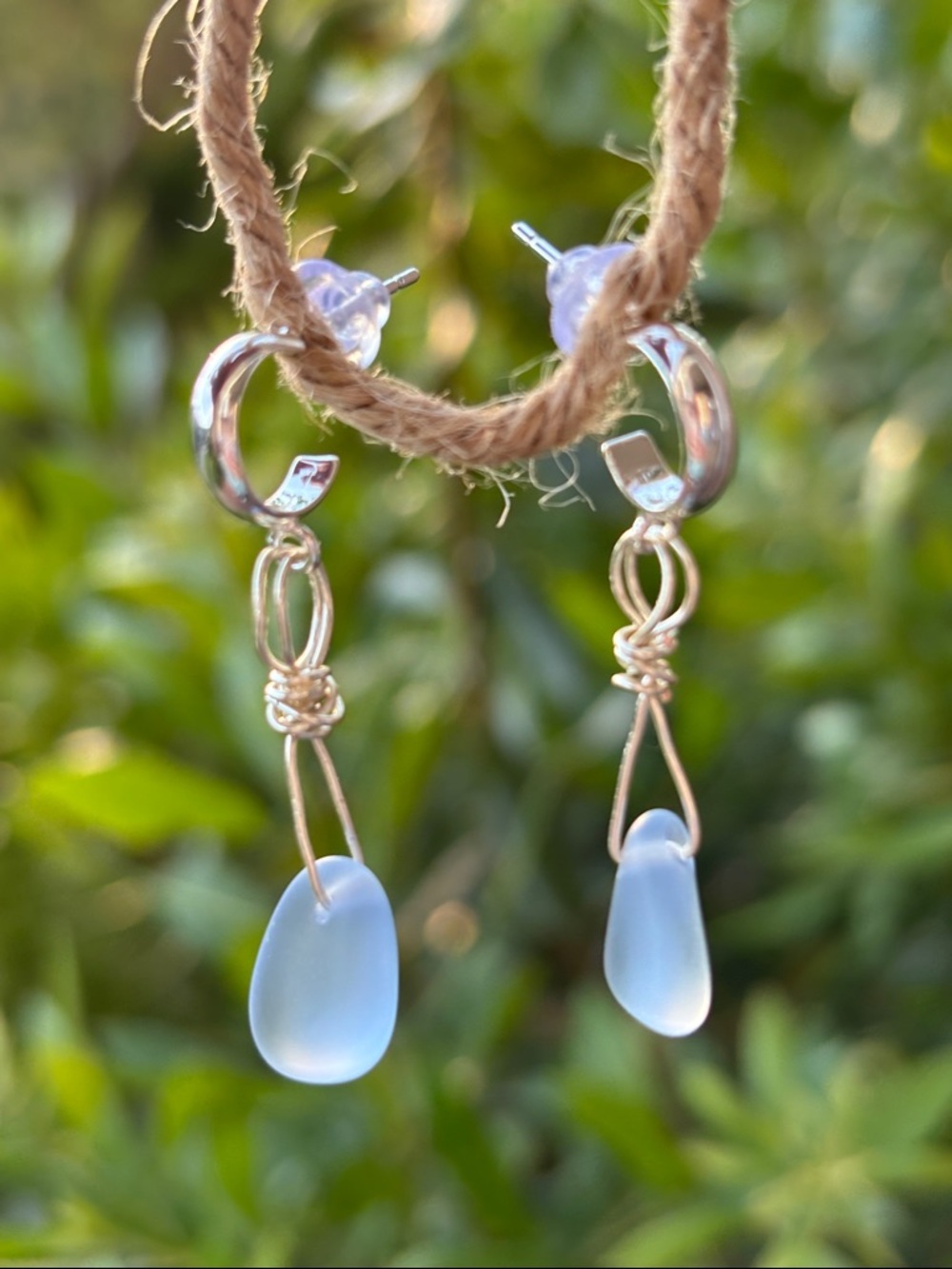 Handcrafted Light Sky Blue Sea Glass Drop Earrings